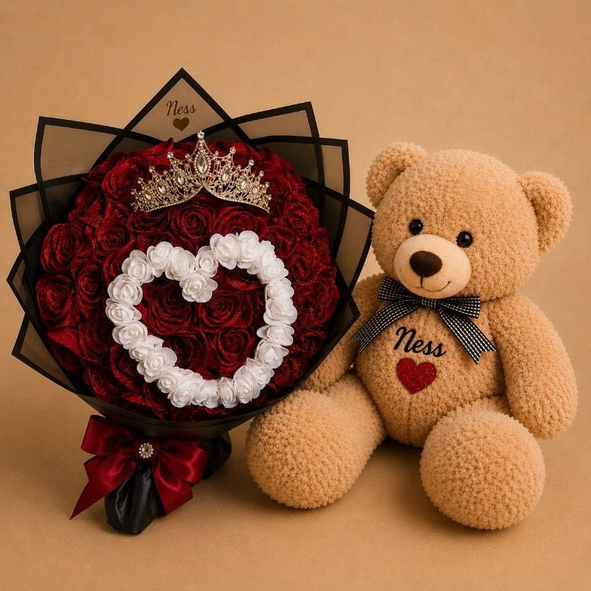 Pack cadeau : bouquet de roses éternelles et peluche personnalisée